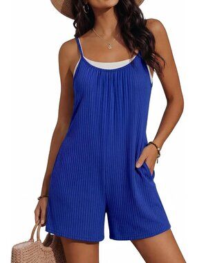 Womens Royal Blue Summer Casual Loose Sleeveless Overall Adjustable Short Romper